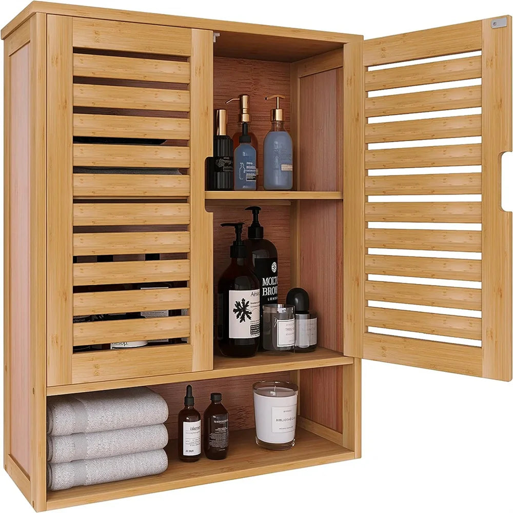 Natural Wood Bamboo Bathroom Wall Cabinet - Eco-Friendly Storage