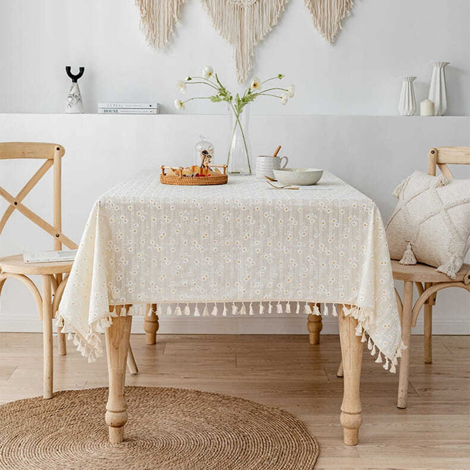 Oval Tablecloth | Floral White &amp; Golden Daisy with Tassels